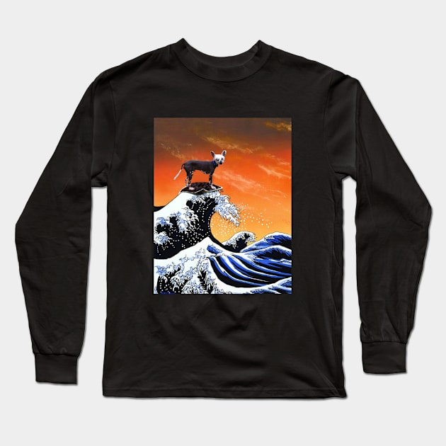 Chinese crested dog Surfing Long Sleeve T-Shirt by Tom Tom + Co